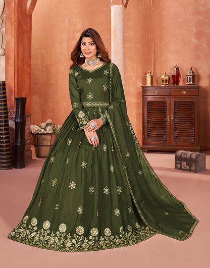 Women's Art Silk Embroidered Olive Green Party Wear Salwar Suit