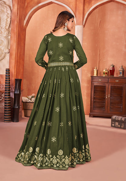 Women's Art Silk Embroidered Olive Green Party Wear Salwar Suit