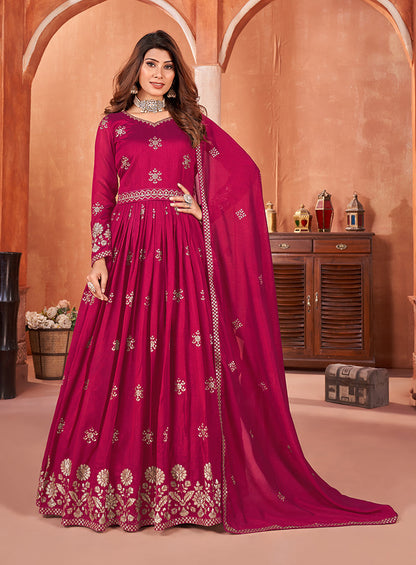 Women's Art Silk Embroidered Rani Pink Party Wear Salwar Suit