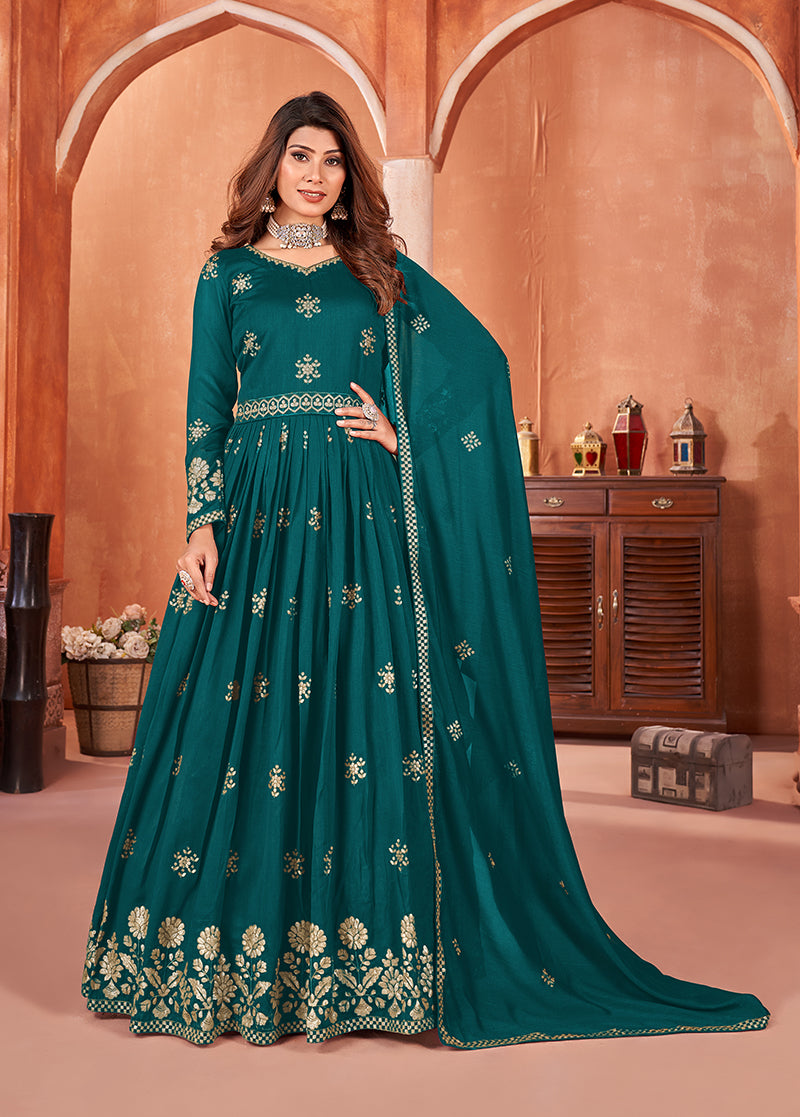 Women's Art Silk Embroidered Teal Party Wear Salwar Suit