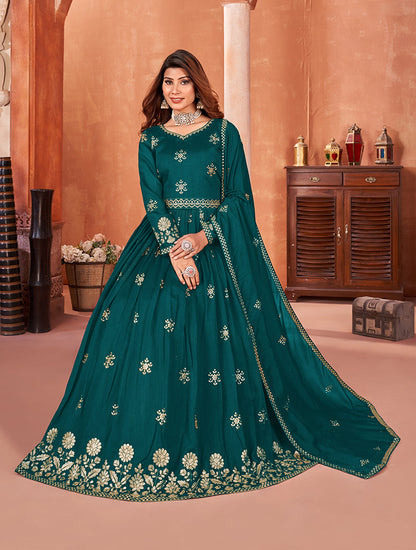 Women's Art Silk Embroidered Teal Party Wear Salwar Suit