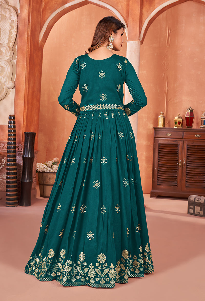 Women's Art Silk Embroidered Teal Party Wear Salwar Suit