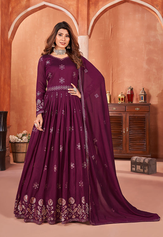 Women's Art Silk Embroidered Plum Color Party Wear Salwar Suit