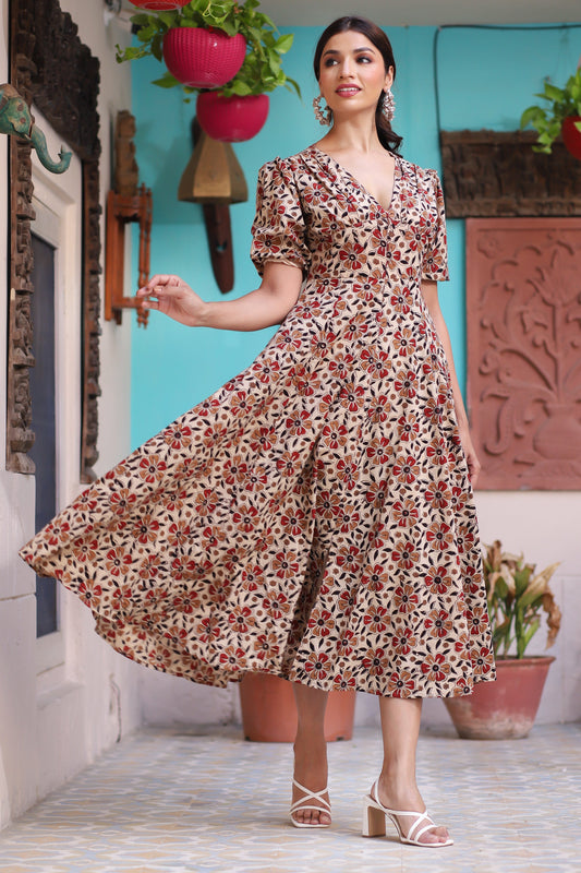 Women's Bold & Bright Floral Beige Hand Block Cotton Dress