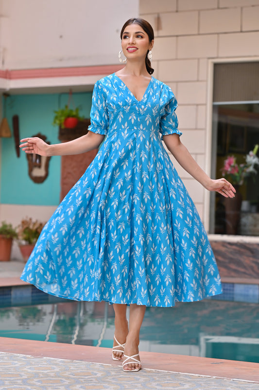 Women's Azure Blue Classy Cotton Dress