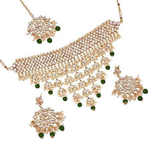 Women's Gold Plated Green Kundan & Pearl Studded Choker Necklace Set with Earrings & Maang Tikka