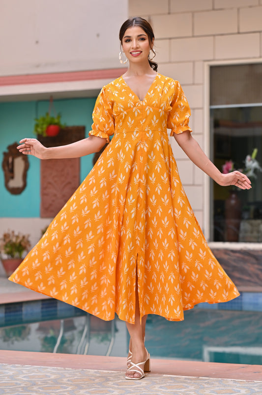 Women's Sunshine Yellow Classy Cotton Dress