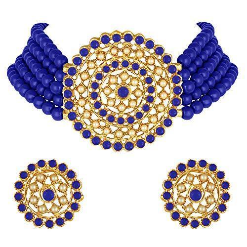 Women's Gold Plated Blue Light Weight Pearl Beaded Choker Necklace Jewellery Set