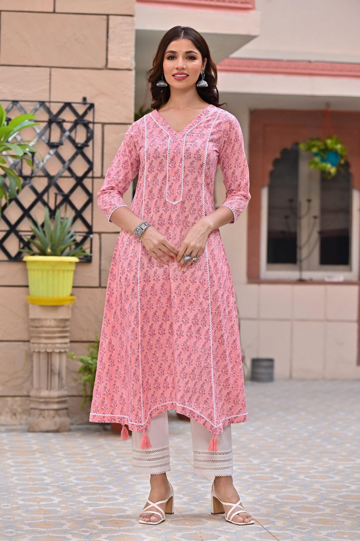 Women's Mauvelous Pink Hand Block Kurta Palazzo Set