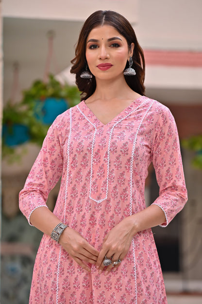 Women's Mauvelous Pink Hand Block Kurta Palazzo Set