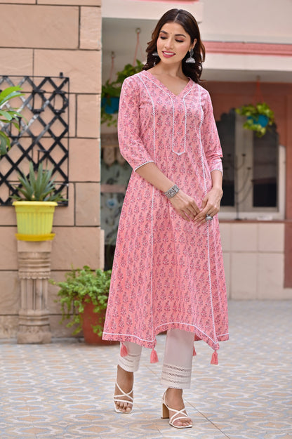 Women's Mauvelous Pink Hand Block Kurta Palazzo Set