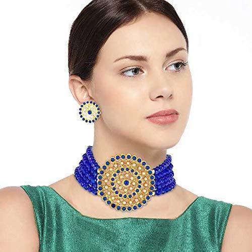 Women's Gold Plated Blue Light Weight Pearl Beaded Choker Necklace Jewellery Set