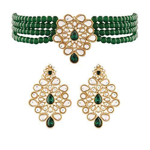 Women's Gold Plated Green Kundan with Beads Choker Necklace Set