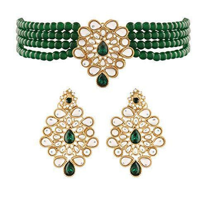 Women's Gold Plated Green Kundan with Beads Choker Necklace Set