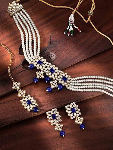 Women's Gold Plated Blue Beaded Choker Set Studded with Pearl & Kundan with Earrings & Maang Tikka