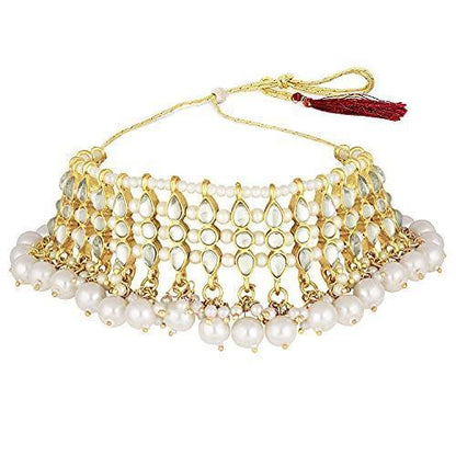 Women's Gold Plated White Kundan & Pearl Studded Choker Necklace Set