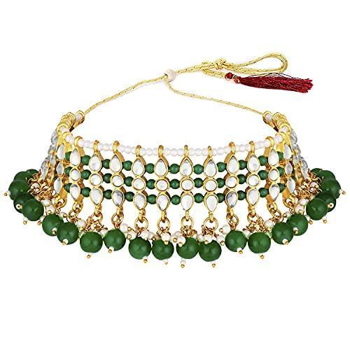 Women's Gold Plated Green Kundan & Pearl Studded Choker Necklace Set