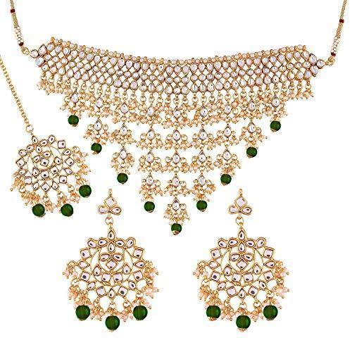 Women's Gold Plated Green Kundan & Pearl Studded Choker Necklace Set with Earrings & Maang Tikka