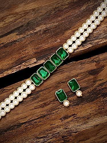 Women's Gold Plated Green Crystal Stone Pearl Studded Choker Necklace Set