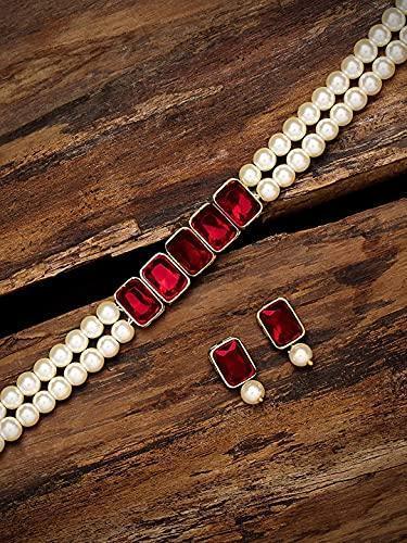 Women's Gold Plated Traditional Green Crystal Stone Pearl Studded Choker Necklace Set