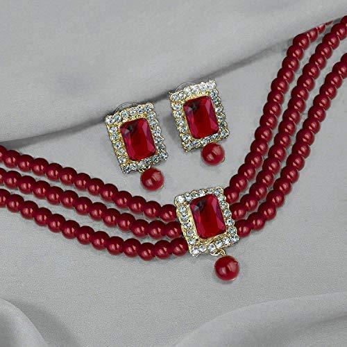 Women's  Gold Plated Maroon Handcrafted Stone Studded Pearl Choker Necklace Jewellery Set With Earrings