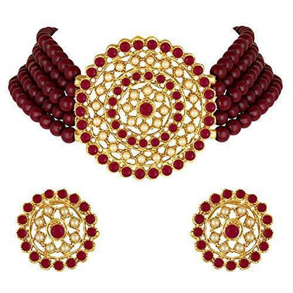 Women's Gold Plated Maroon Light Weight Pearl Beaded Choker Necklace Set