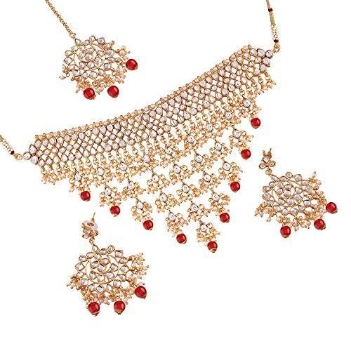 Women's Gold Plated Red Kundan & Pearl Studded Choker Necklace Set with Earrings & Maang Tikka