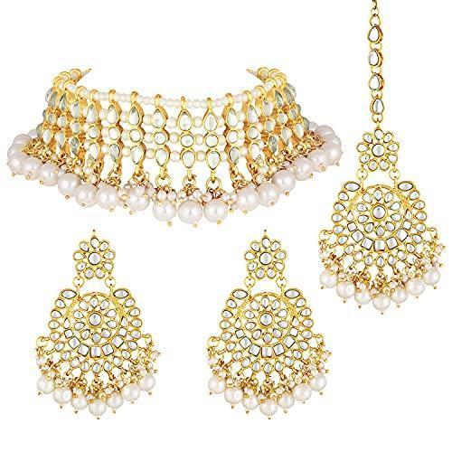 Women's Gold Plated White Kundan & Pearl Studded Choker Necklace Set