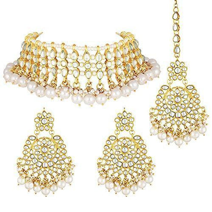 Women's Gold Plated White Kundan & Pearl Studded Choker Necklace Set