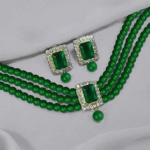 Women's  Gold Plated Handcrafted  Green Stone Studded Pearl Choker Necklace Jewellery Set With Earrings