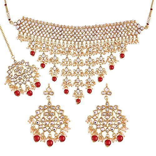 Women's Gold Plated Red Kundan & Pearl Studded Choker Necklace Set with Earrings & Maang Tikka