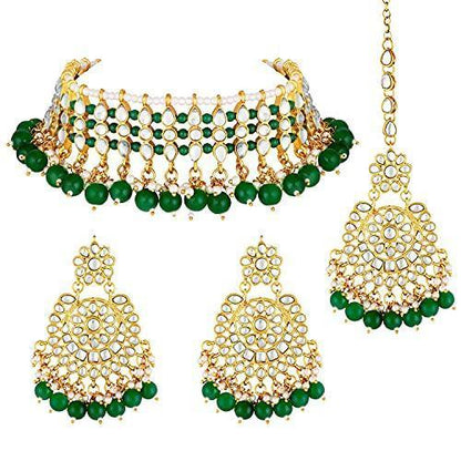 Women's Gold Plated Green Kundan & Pearl Studded Choker Necklace Set