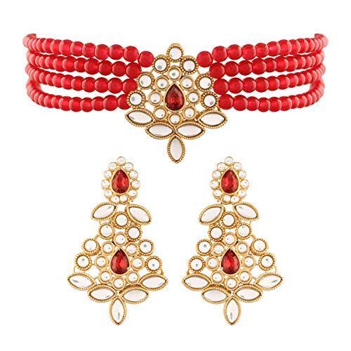 Women's Gold Plated Maroon Kundan with Beads Choker Necklace Set