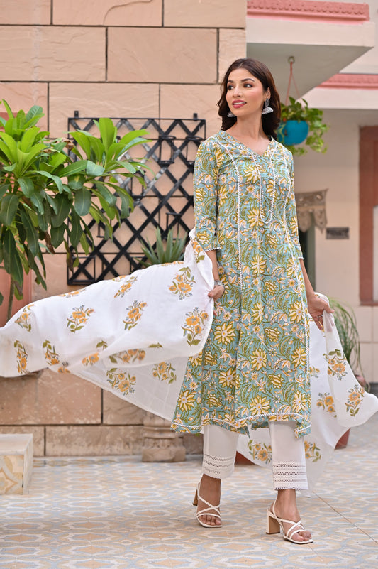 Women's Olive Floral Hand Block Kurta Palazzo Dupatta Set