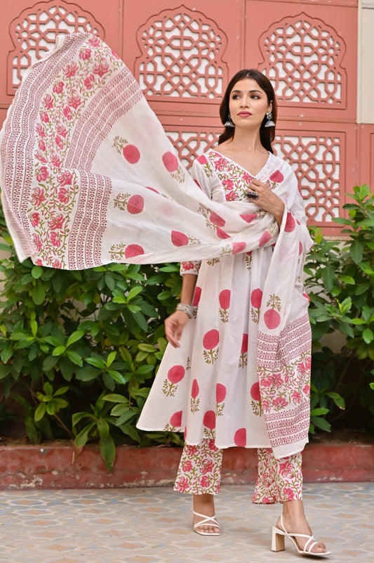 Women's White & Pink Floral Hand Block Kurta Palazzo Dupatta Set