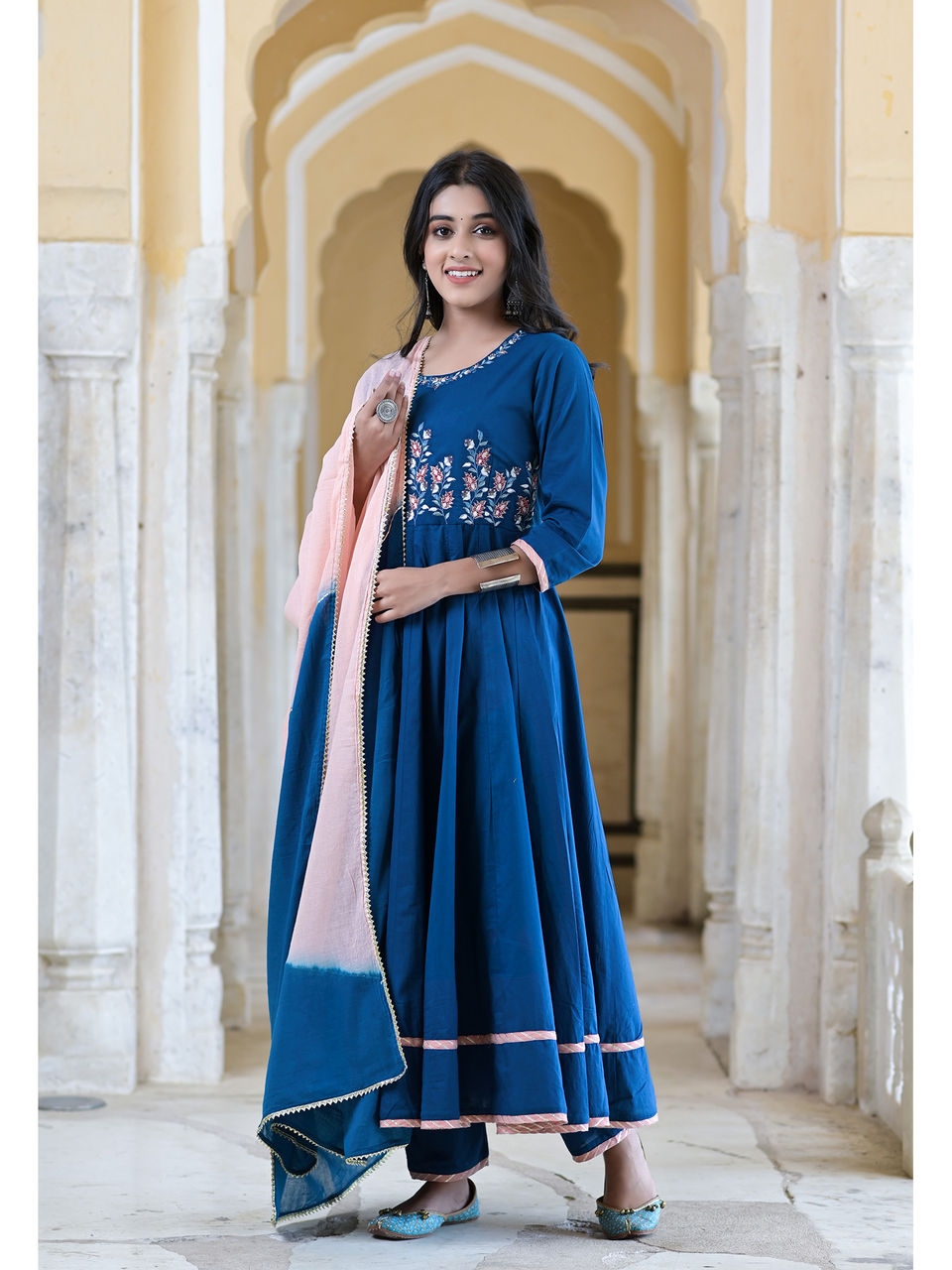 Women's Yale Blue Embroidered Anarkali Set With Ombre Dupatta