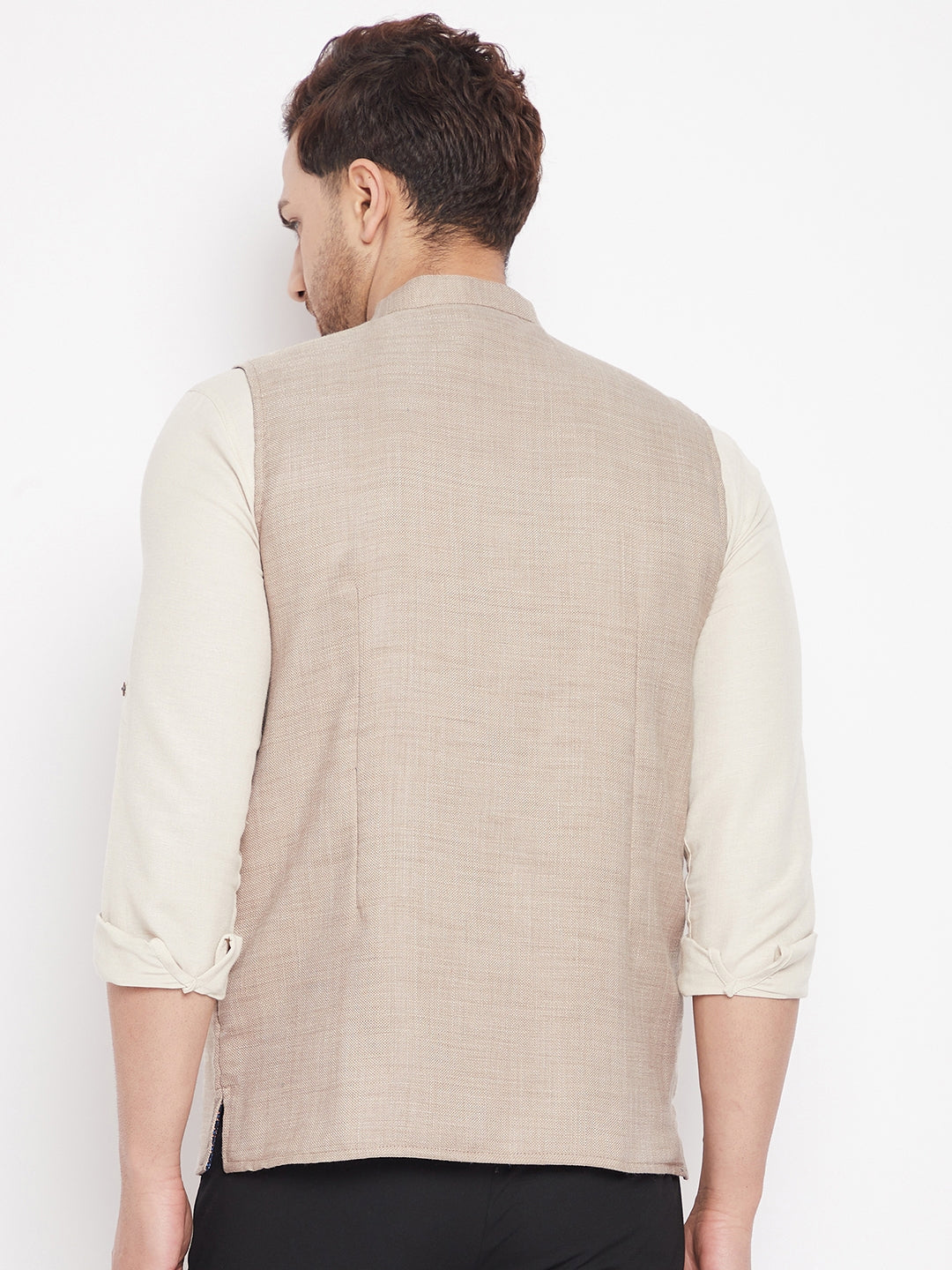 Men's Cream Color Nehru Jacket-Contrast Lining-Inbuilt Pocket Square