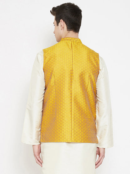 Men's Jacquard Yellow Silk Nehru Jacket