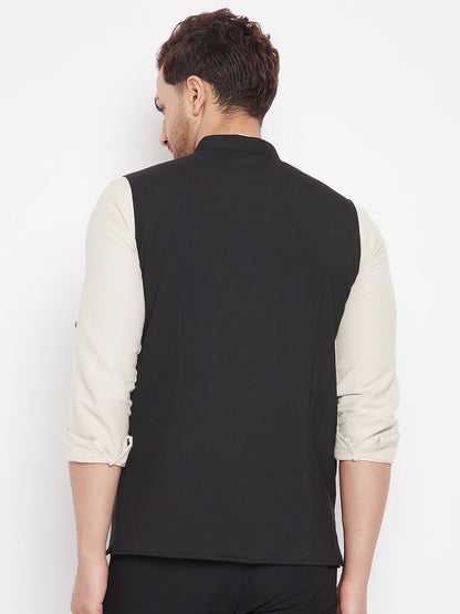 Men's Black Color Woven Nehru Jacket