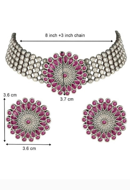 Women's Oxidised Silver-Plated Brass Finish Kundan Choker (Pink)