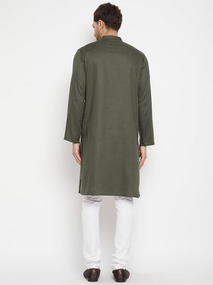 Men's Green Color Long Kurta with Band Collar