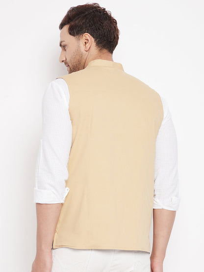 Men's Beige Color Nehru Jacket-Contrast Lining-Inbuilt Pocket Square