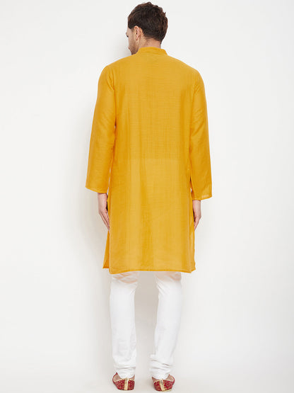 Men's Yellow Color Long Kurta with Band Collar