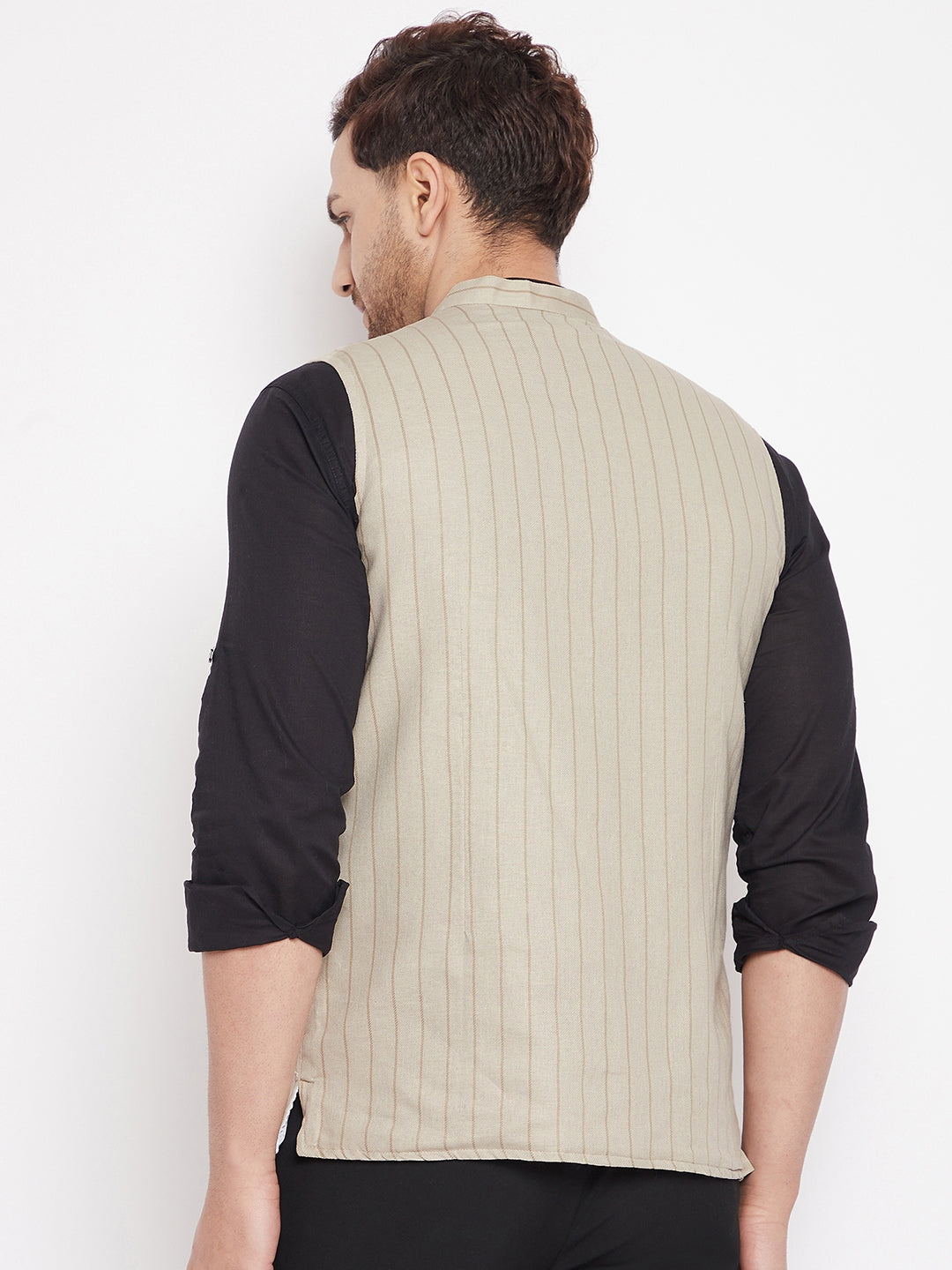 Men's Beige Color Woven Nehru Jacket