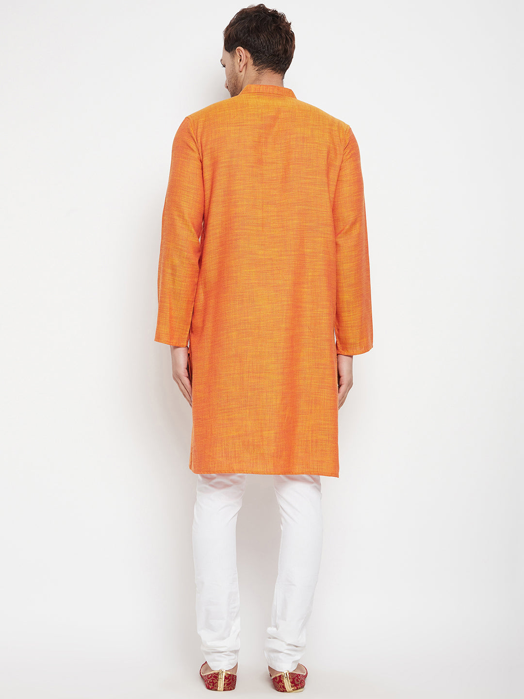 Men's Orange Color Long Kurta with Band Collar