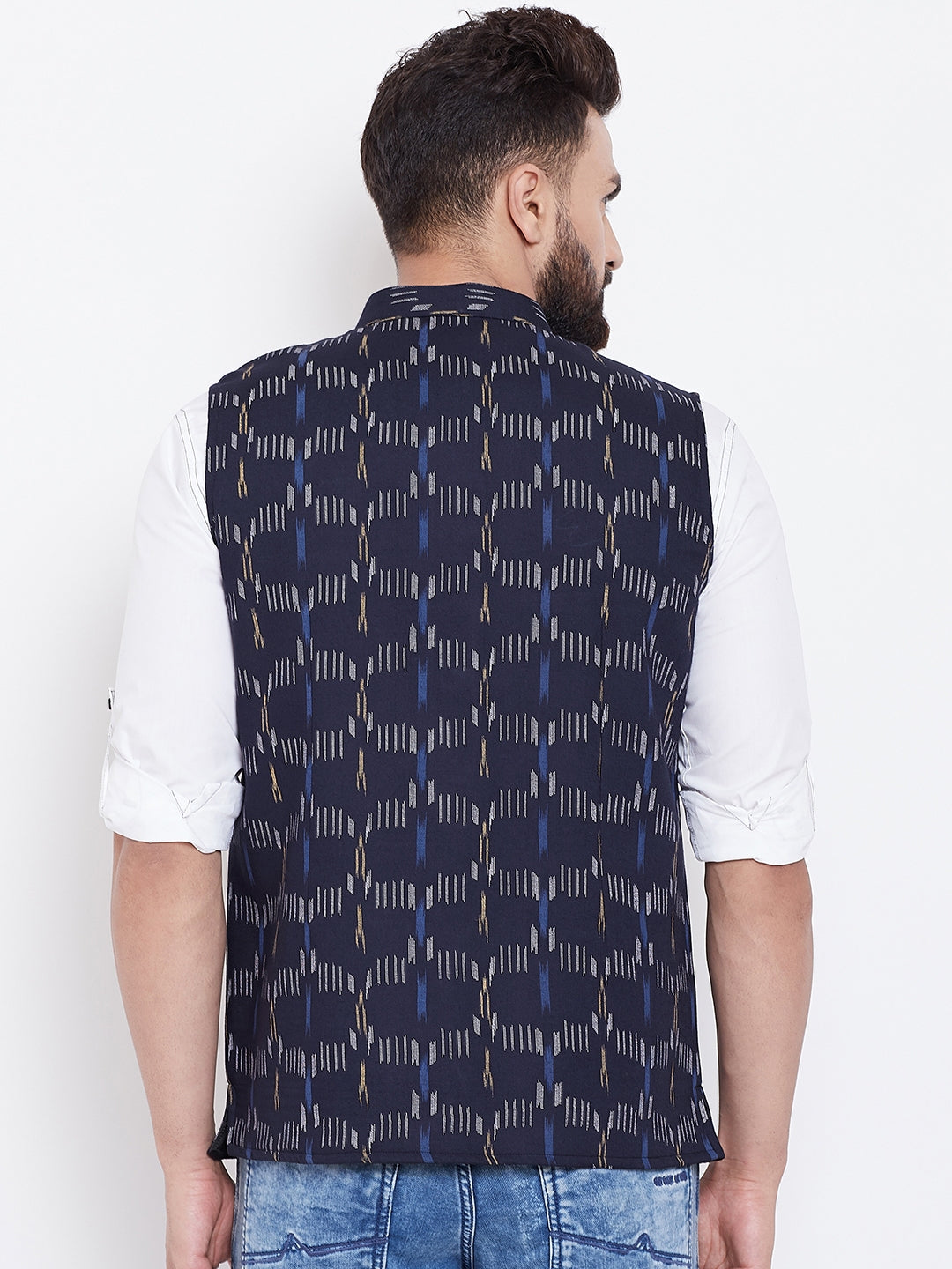 Men's Printed Navy Blue Nehru Jacket