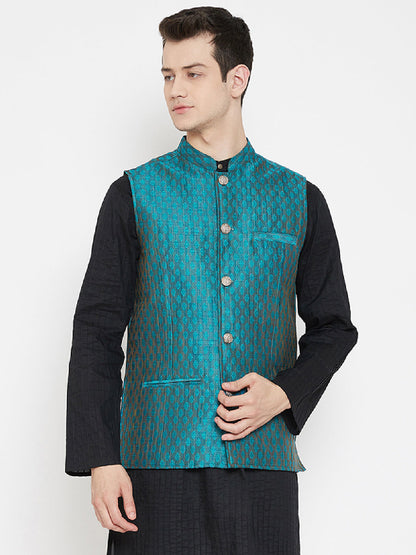 Men's Jacquard Blue Silk Nehru Jacket