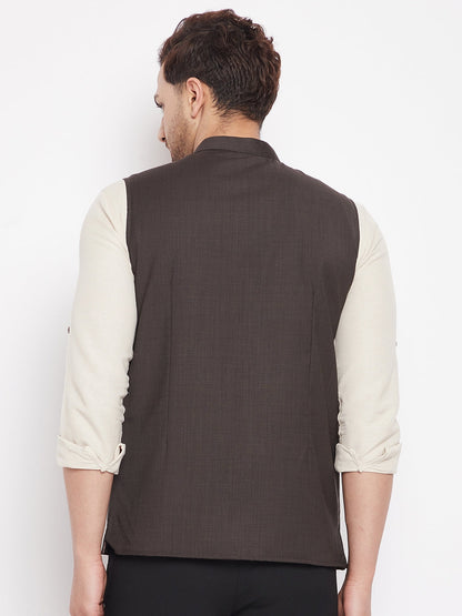 Men's Brown Color Woven Nehru Jacket