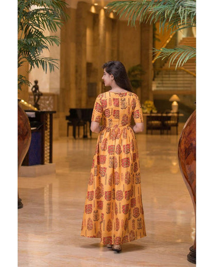 Women's Mustard Color Printed Long Kurta Dress (1pc set) - Label Shaurya Sanadhya