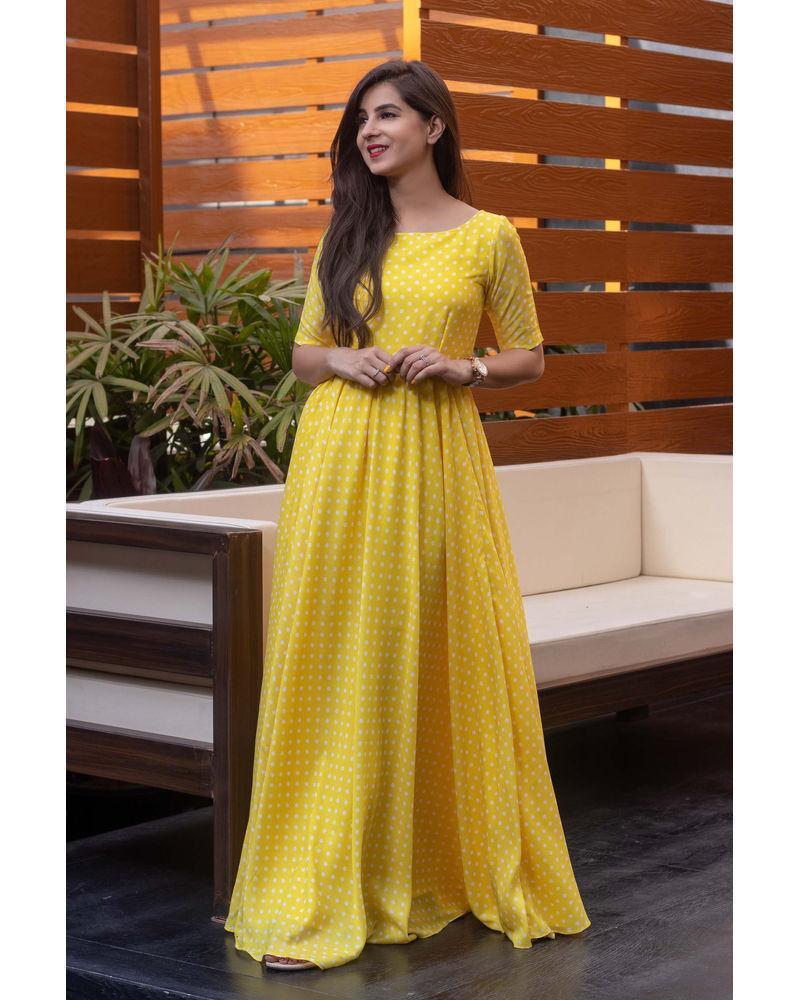 Women's Yellow Polka Dots One Way Gown - Label Shaurya Sanadhya